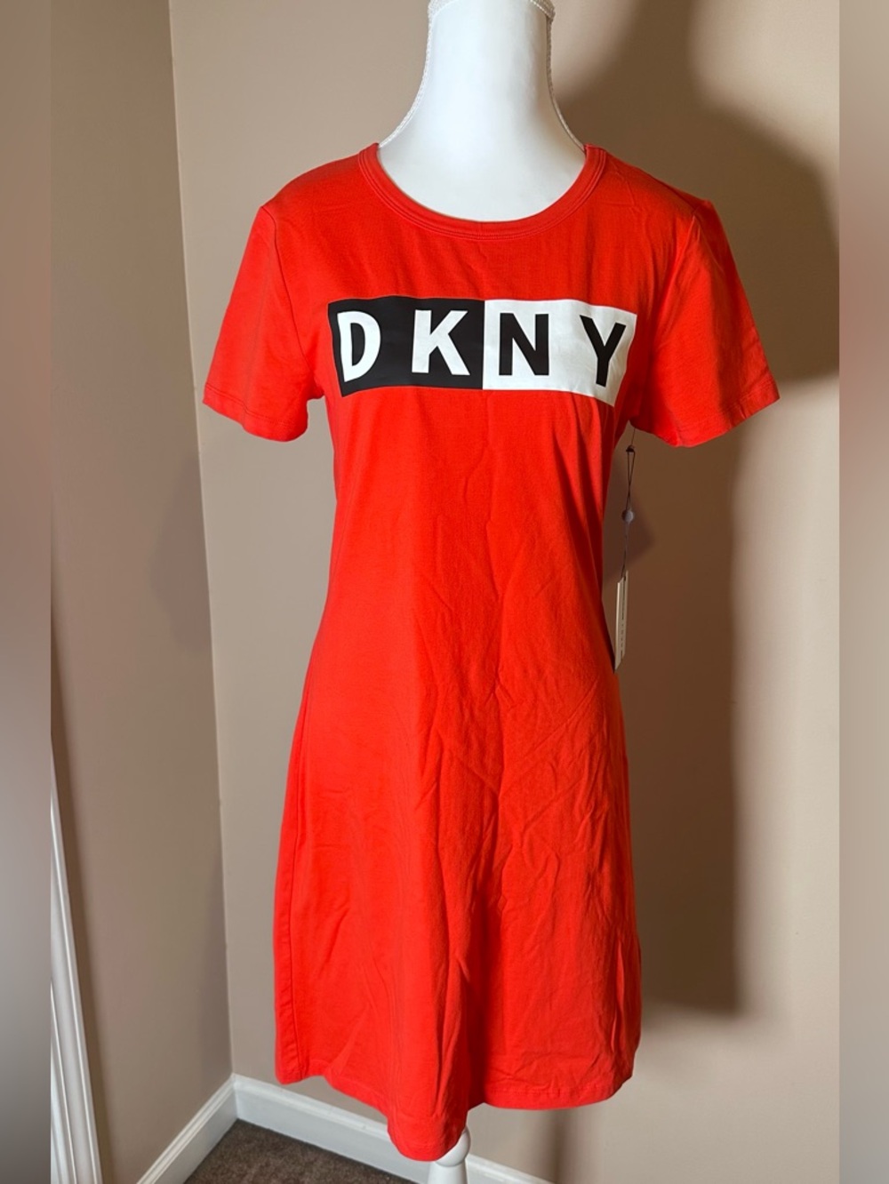 DKNY Orange Logo Tee Dress with Black & White Panel